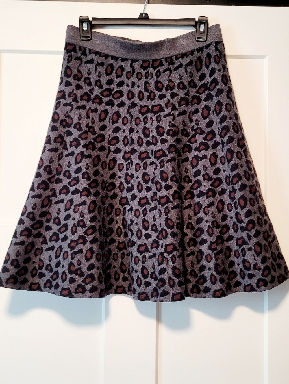 Ann Taylor Womens Leopard Print ALine Sweater Skirt Sz S Grey Black Animal Fall